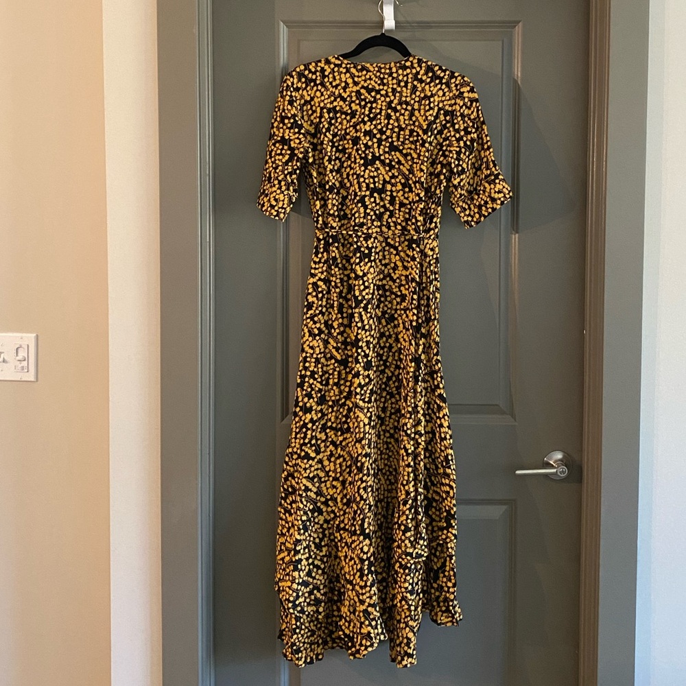 Ganni Dexter Goldstone Black and Gold Floral Midi Wrap Dress with Flared Skirt - Picture 2 of 9